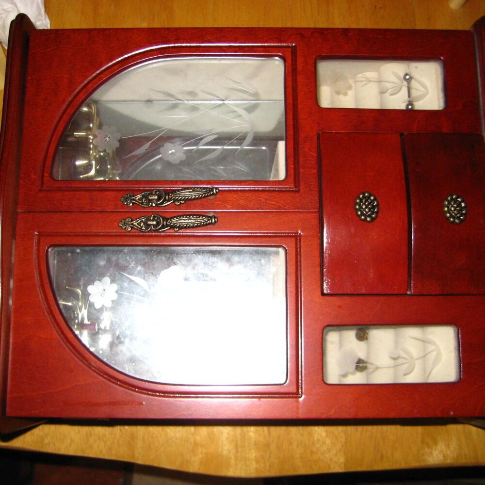 Elegant Red Wood Jewelry Cabinet with Glass Doors - Picture 6 of 9